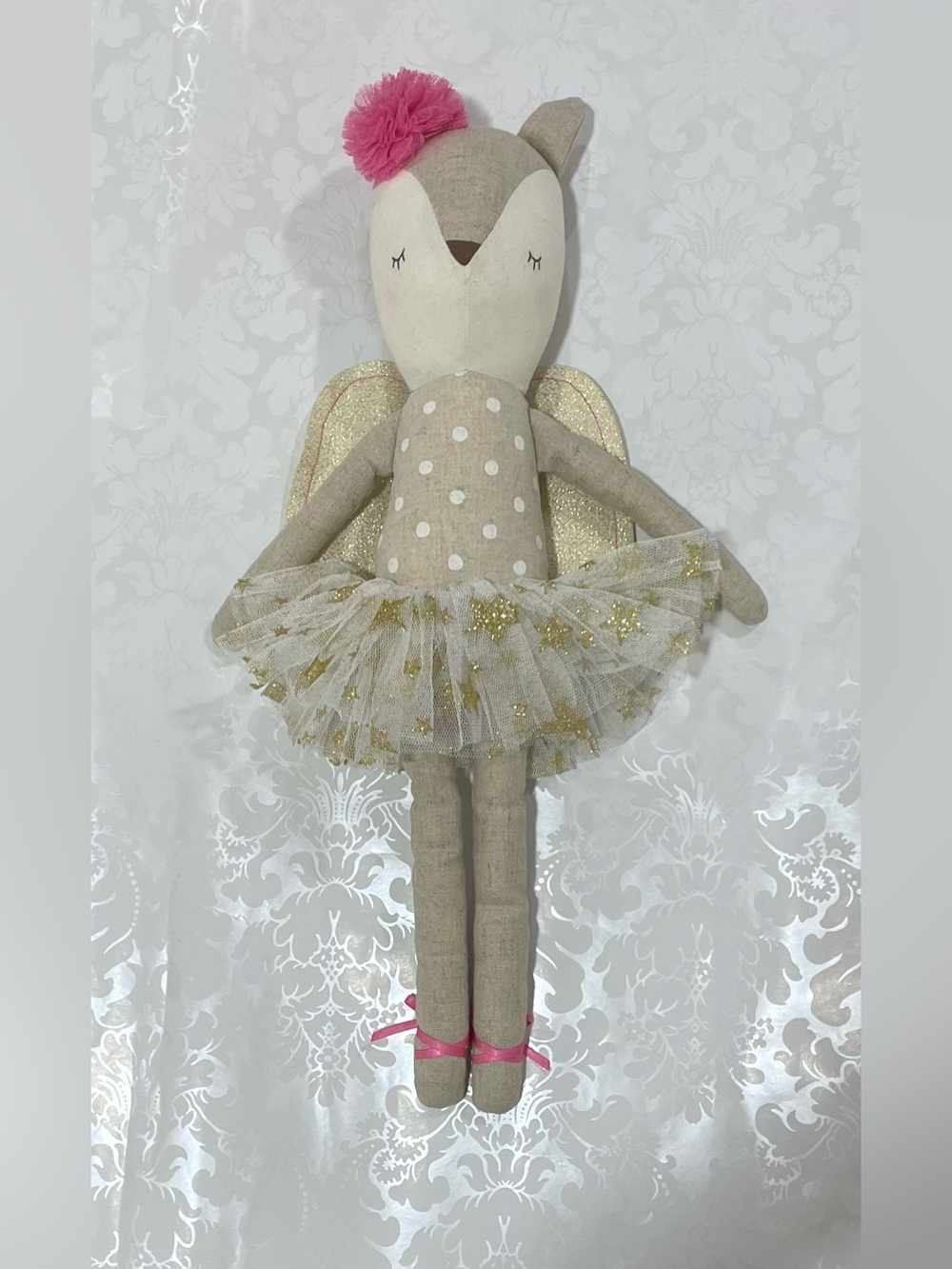 Alimrose Merry Angel Linen Deer Doll with Gold Wings & Pink Pom NWT